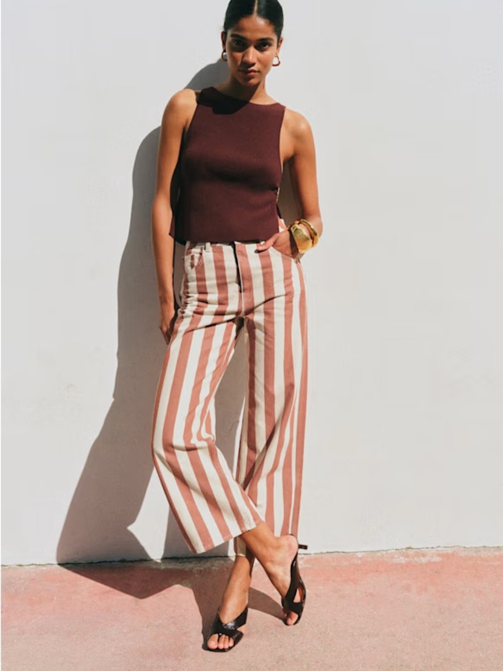 Sezane Le Crop jeans - stripped coffee and cream, wide legs, size 6 (38)
